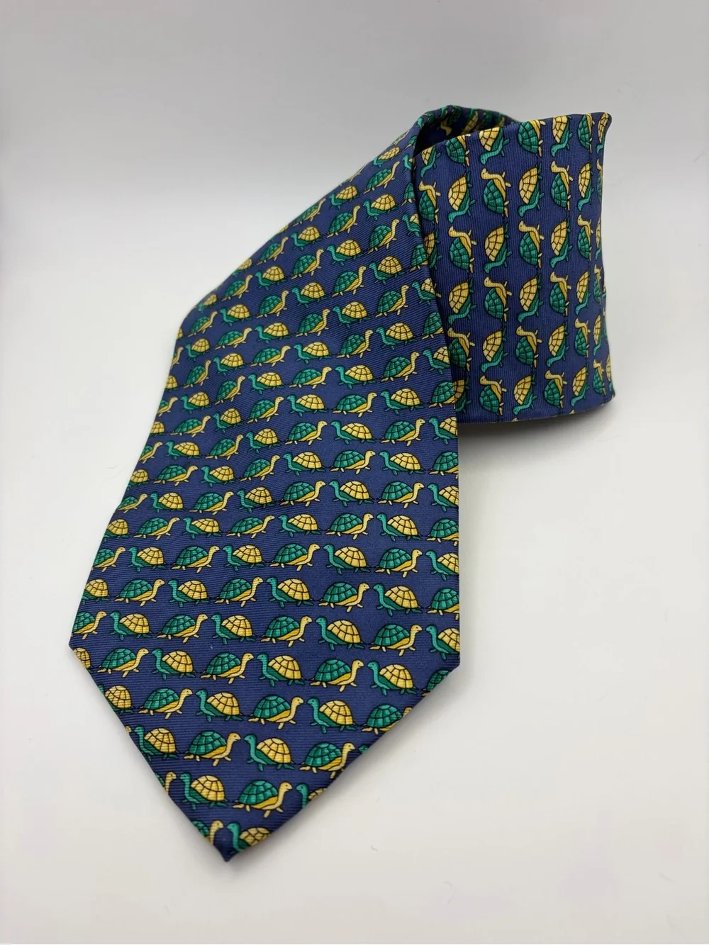 Vintage Lord & Taylor Silk Tie Navy Green Yellow Turtle Animal Print USA